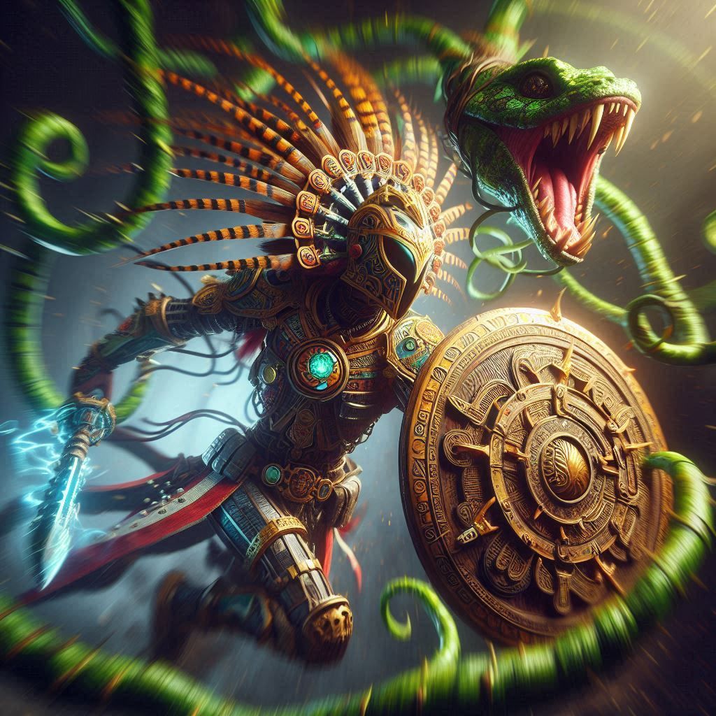 aztec warrior mage battling a vid serpiente carnívora