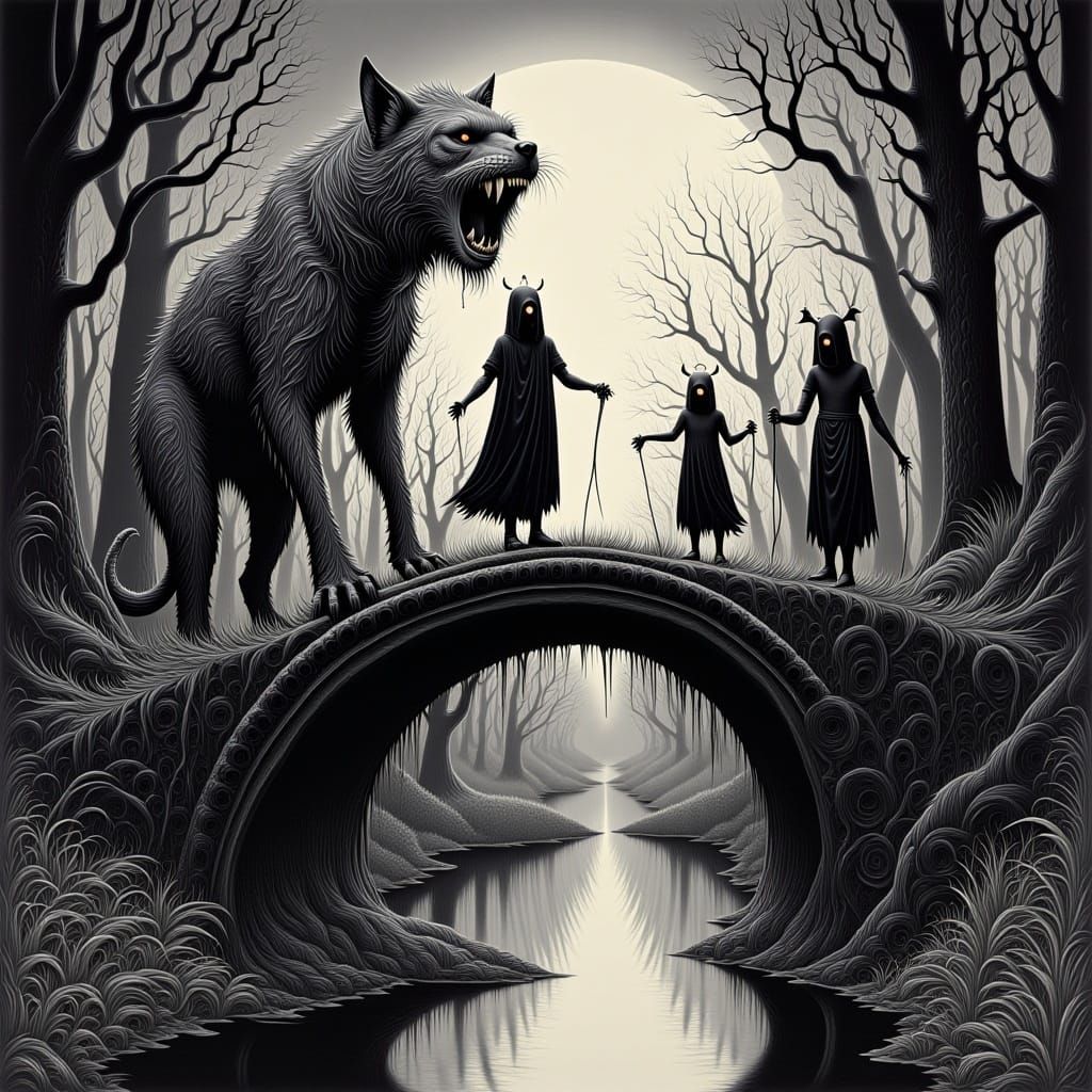 <lora:MrsH Darkling:1.0> Creepy darkling Fae children playing on eerie surreal  ink gothic bridge above a river, odd, creepy, pinhead, maste...
