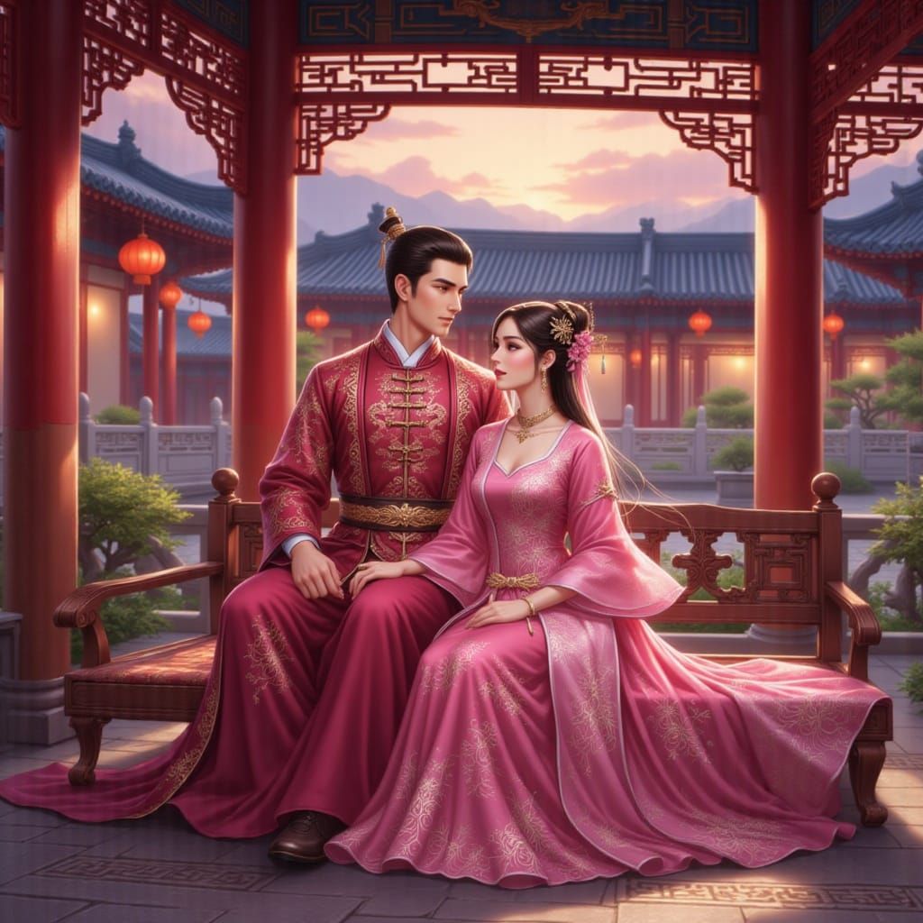 Chintasy. A couple in harmonious outfits sitting on a bench in a palace. Lanterns lighting, warm evening atmosphere. Extremely detailed, 8k ...