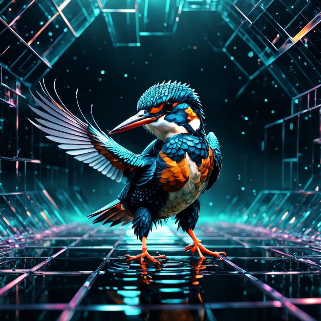 Surreal Digital Watercolor: Kingfisher Emerges from Grid