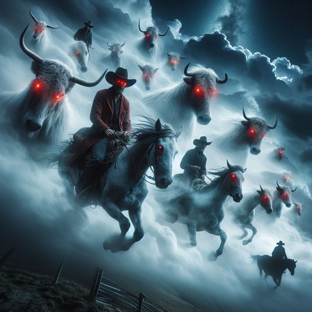 (cowboy watching ghost_cattle running far above the ground:1.5) / (in the sky in the clouds:1.3), red_eyes / supernatural ghostly eldritch,...