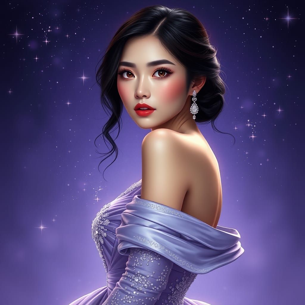 "A stunning chinese woman with porcelain skin, luscious dark hair, and