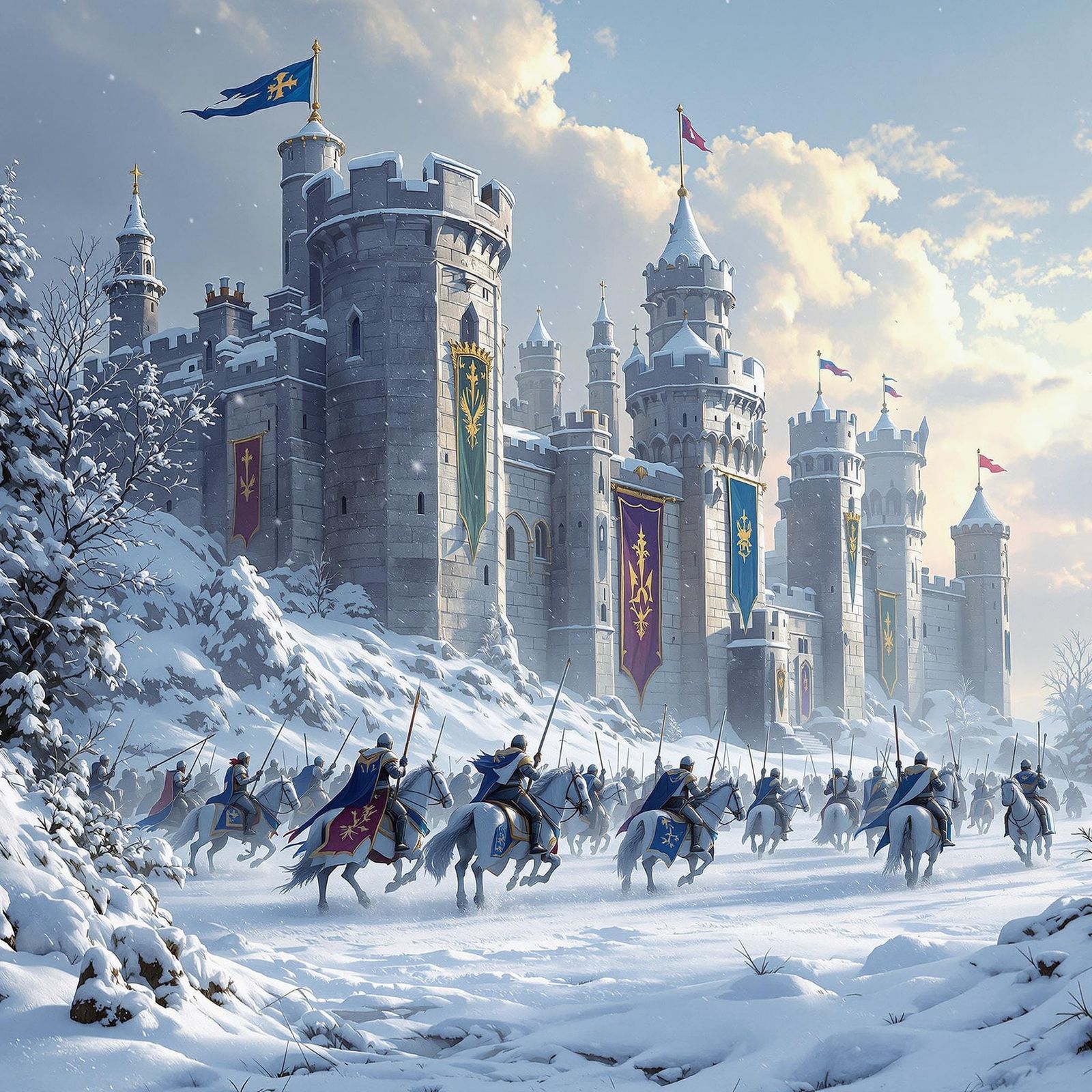 A king’s winter stronghold, where knights stand guard against the cold.
Knights in frozen armor, ready ...  by @Ivanwhw_509