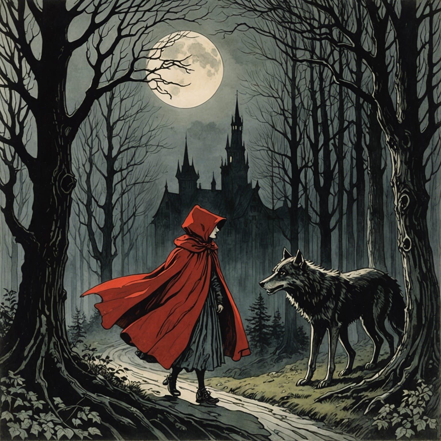 art by Arthur Rackham, Edward Gorey. A shadowy Little Red Riding Hood ...