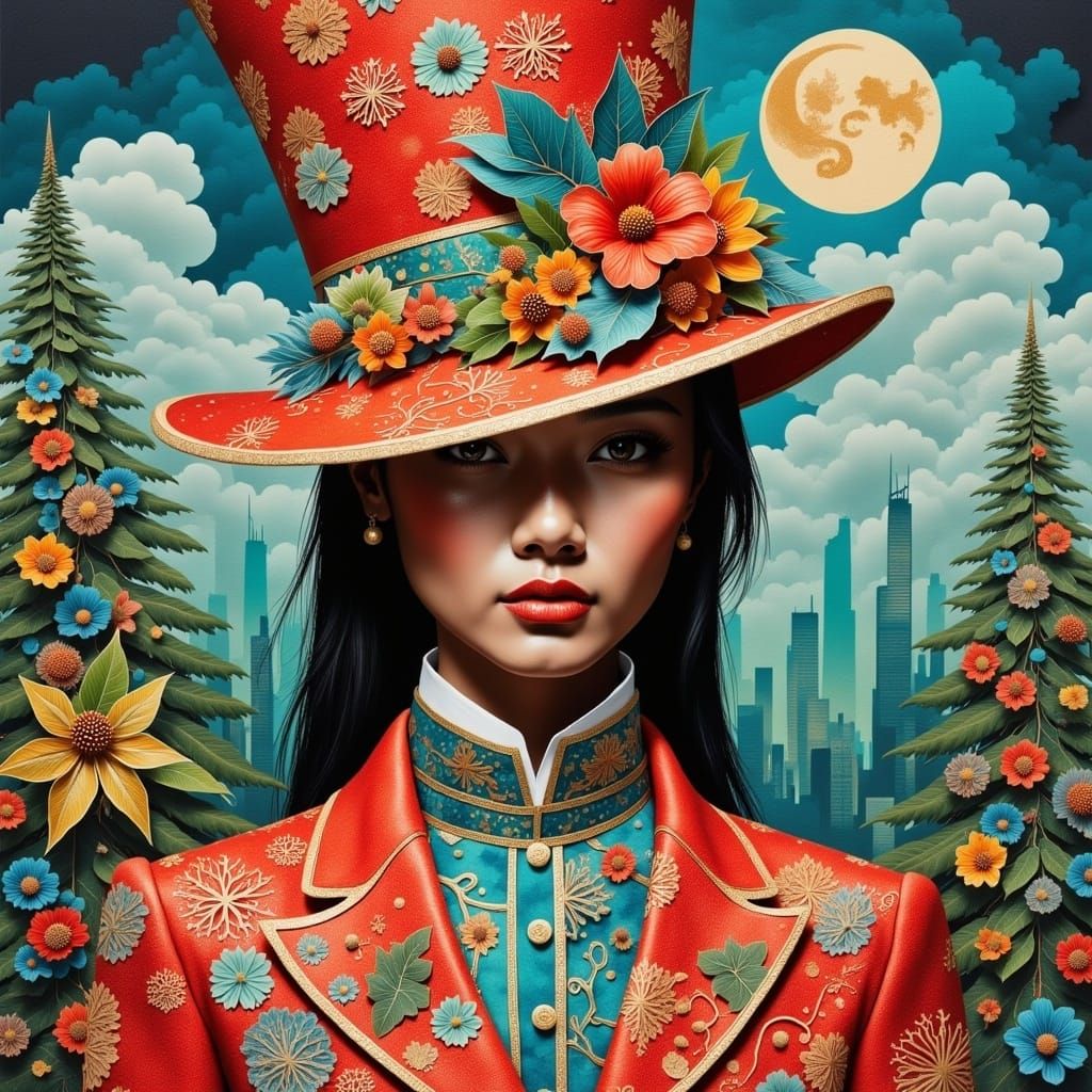 <lora:dreamy  collage:1.0> hatter in christmas fantasy hat,intricate details, highly detailed, mixed media collage