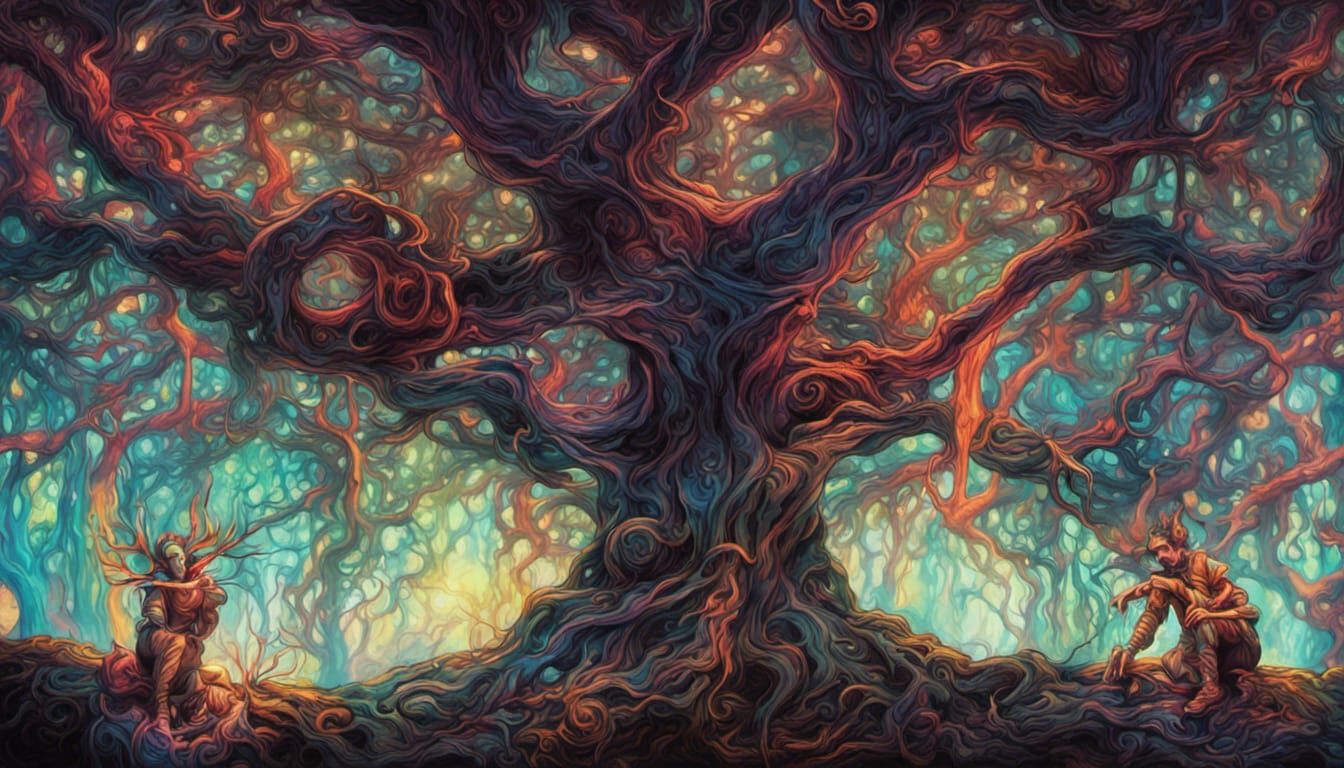 playful psychedelic wood elves sitting on tree branches in p...
