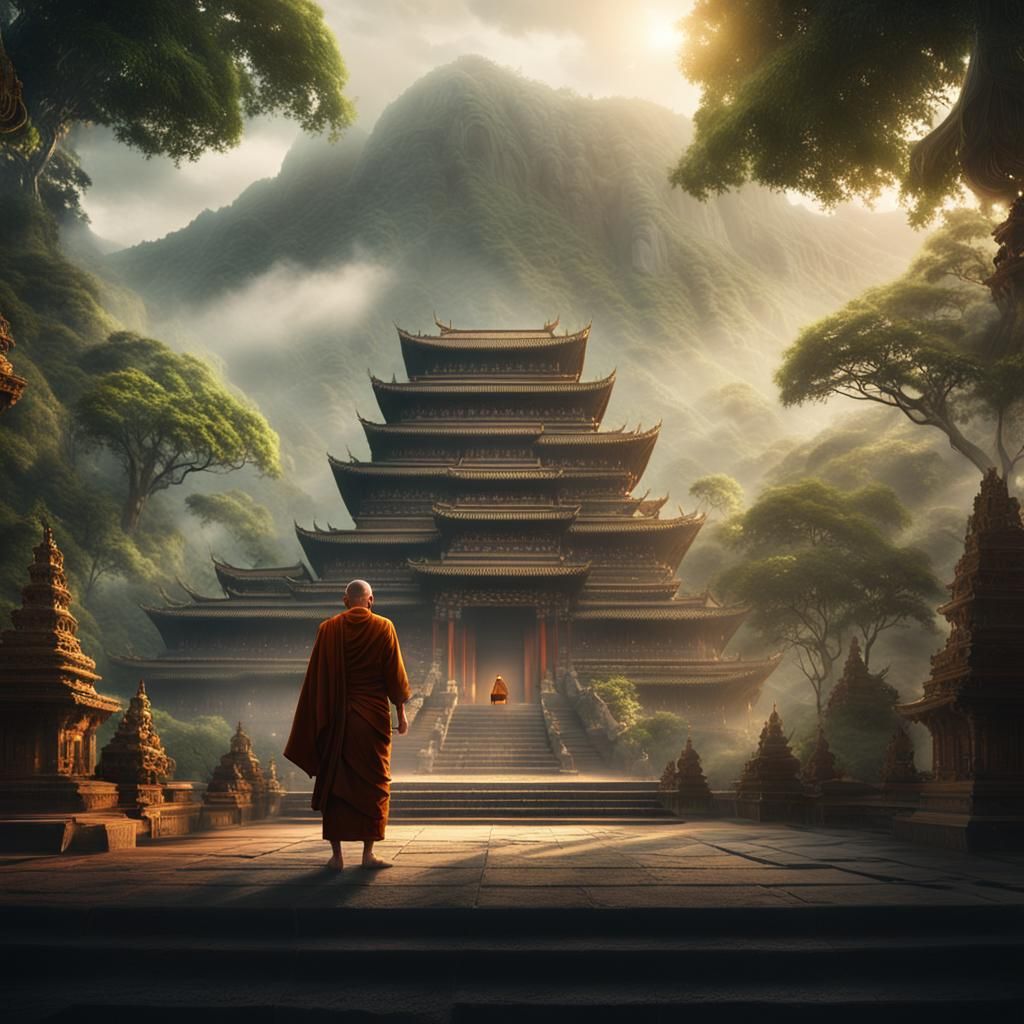 Serene Monk in Ancient Temple: Digital Matte Painting