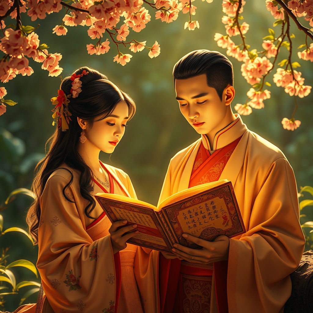 Serene Couple Reading Scripture in Art Nouveau Style
