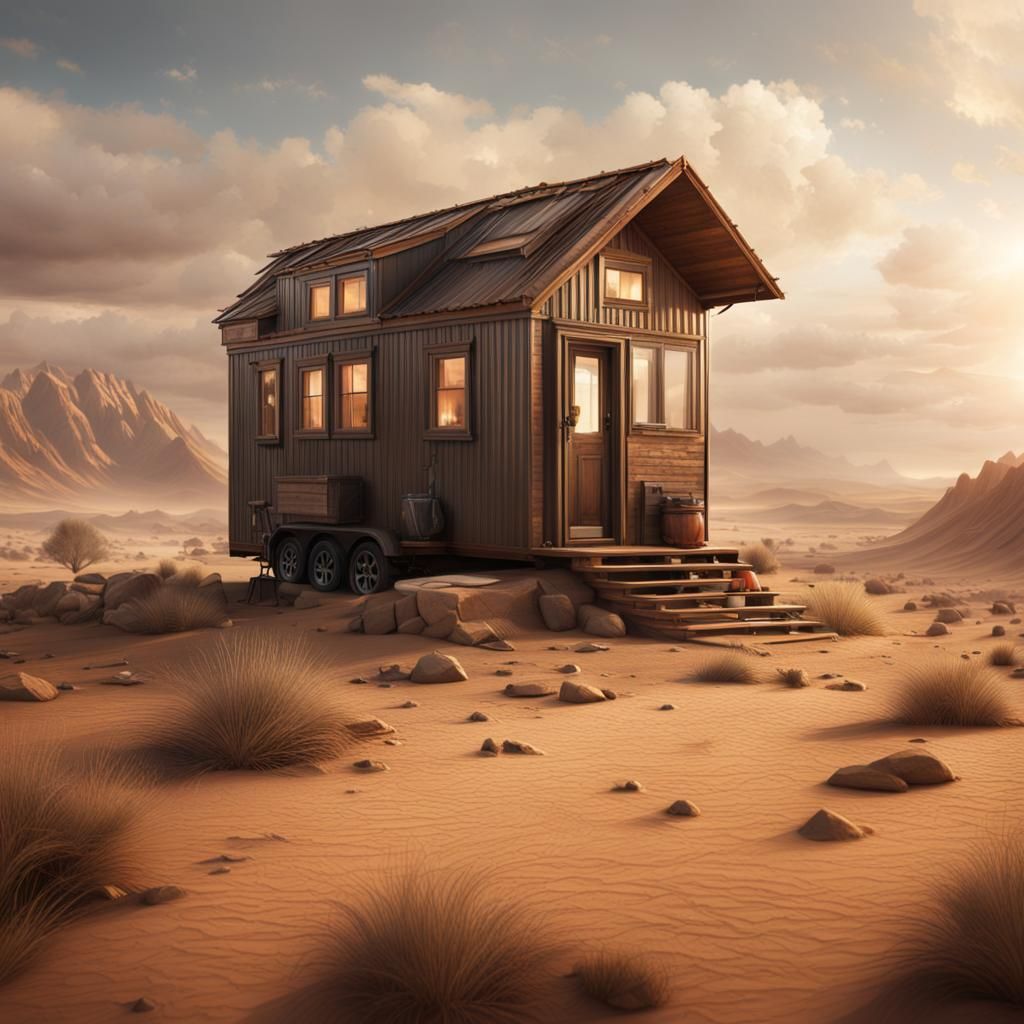 a tiny house in a barren and dry desert