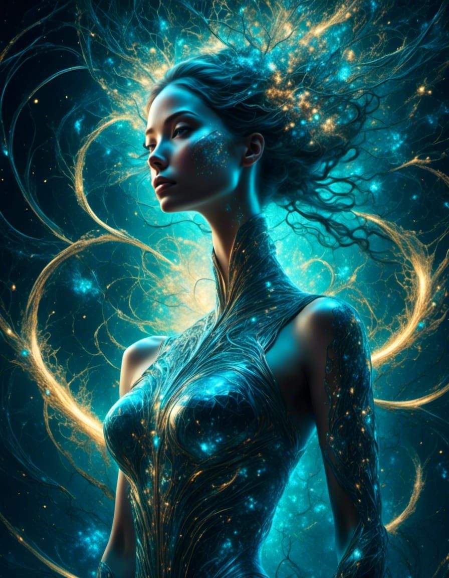 Bioluminescent DNA Helix Woman in Cosmic Space