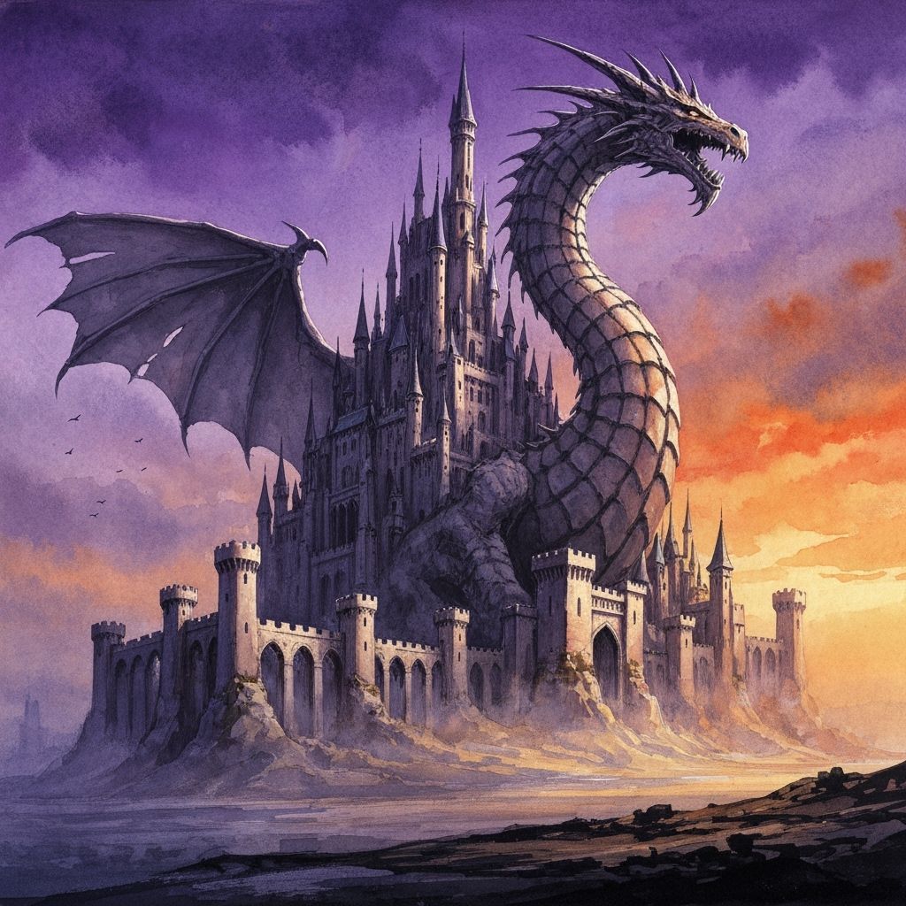Game of Thrones-inspired: castle that forms into the shape of a dragon, sky purple and orange.The style is water color painting, brush strok...
