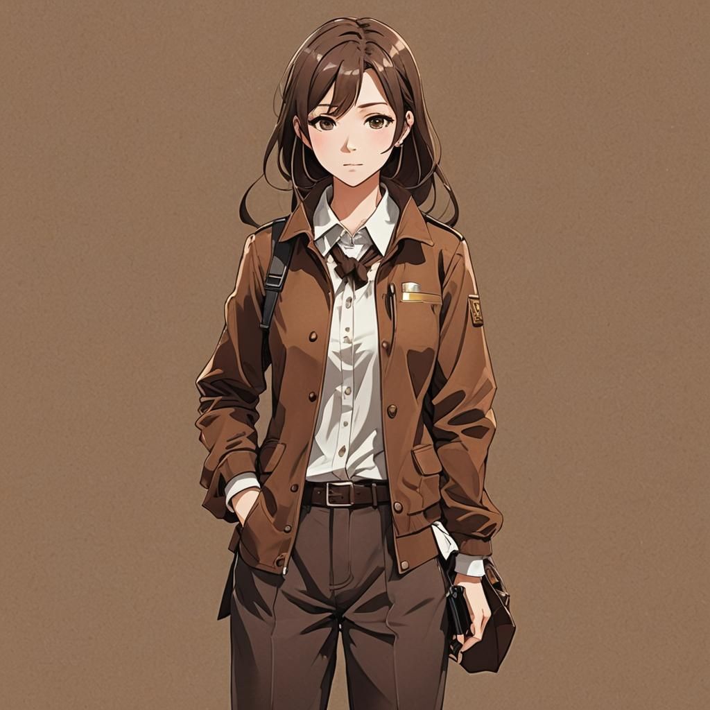 a woman fully dressed in brown theme, anime