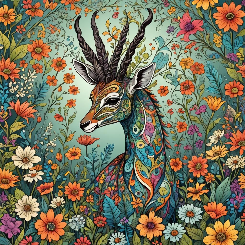 Multicolored Gazelle in a garden of flowers