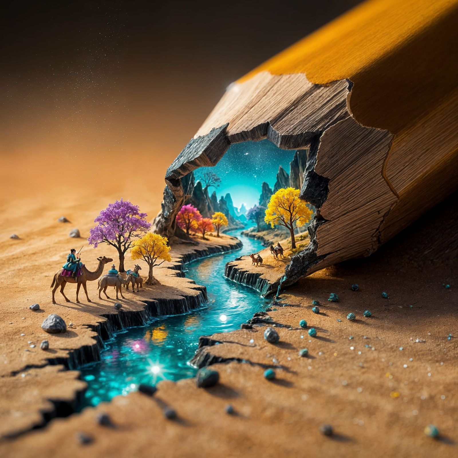A surreal miniature world emerging from a broken wooden pencil. From the cracked graphite core flows ...  by @I am the king
