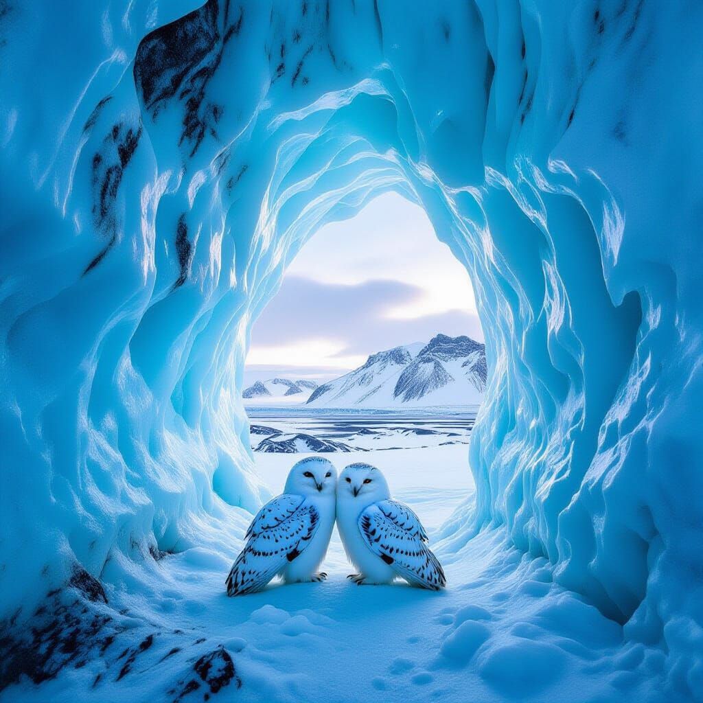 Giant Transparent Glacier with Snow Owls in Iceland