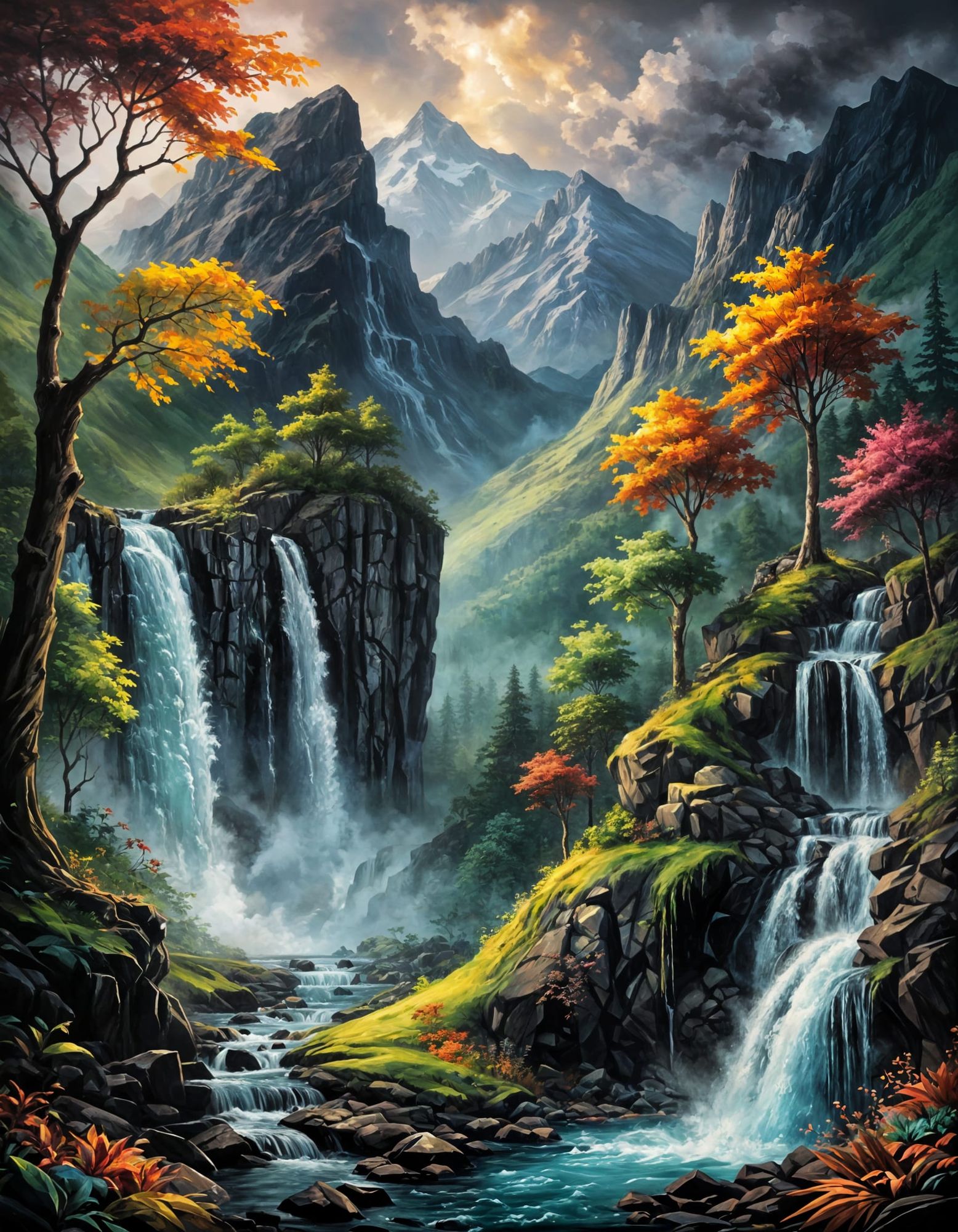 Mountain Waterfall, Oil Painting Vibrant Colourful - AI Art