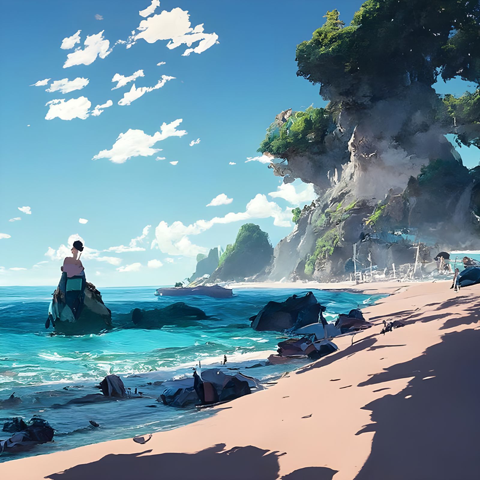 Beautiful Beach Scenery in Studio Ghibli Anime Style