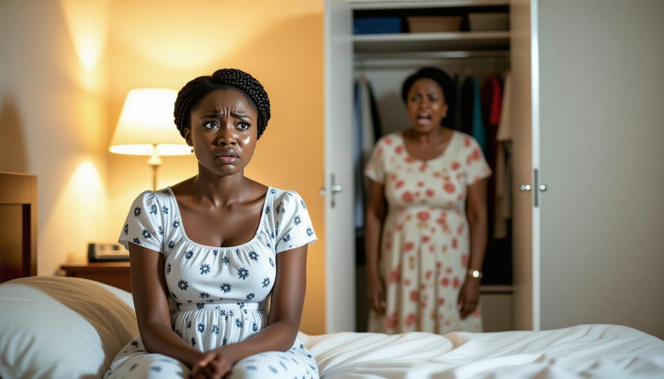 A realistic emotional scene inside a small bedroom. An 18-year-old Nigerian woman, Chinenye, wearing the same white flowered dress, sits fro...