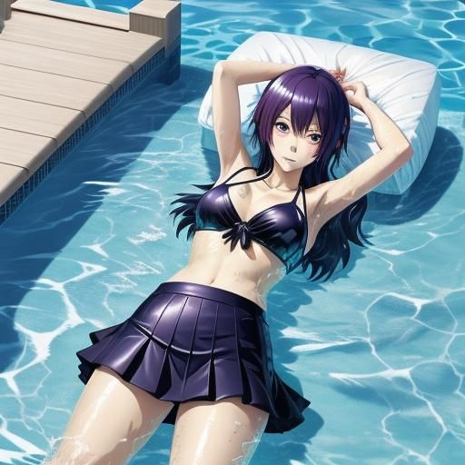 Hot Anime girl wearing a wet bikini and a wet transparant shirt and a wet transparant skirt while she lies in her bed th...