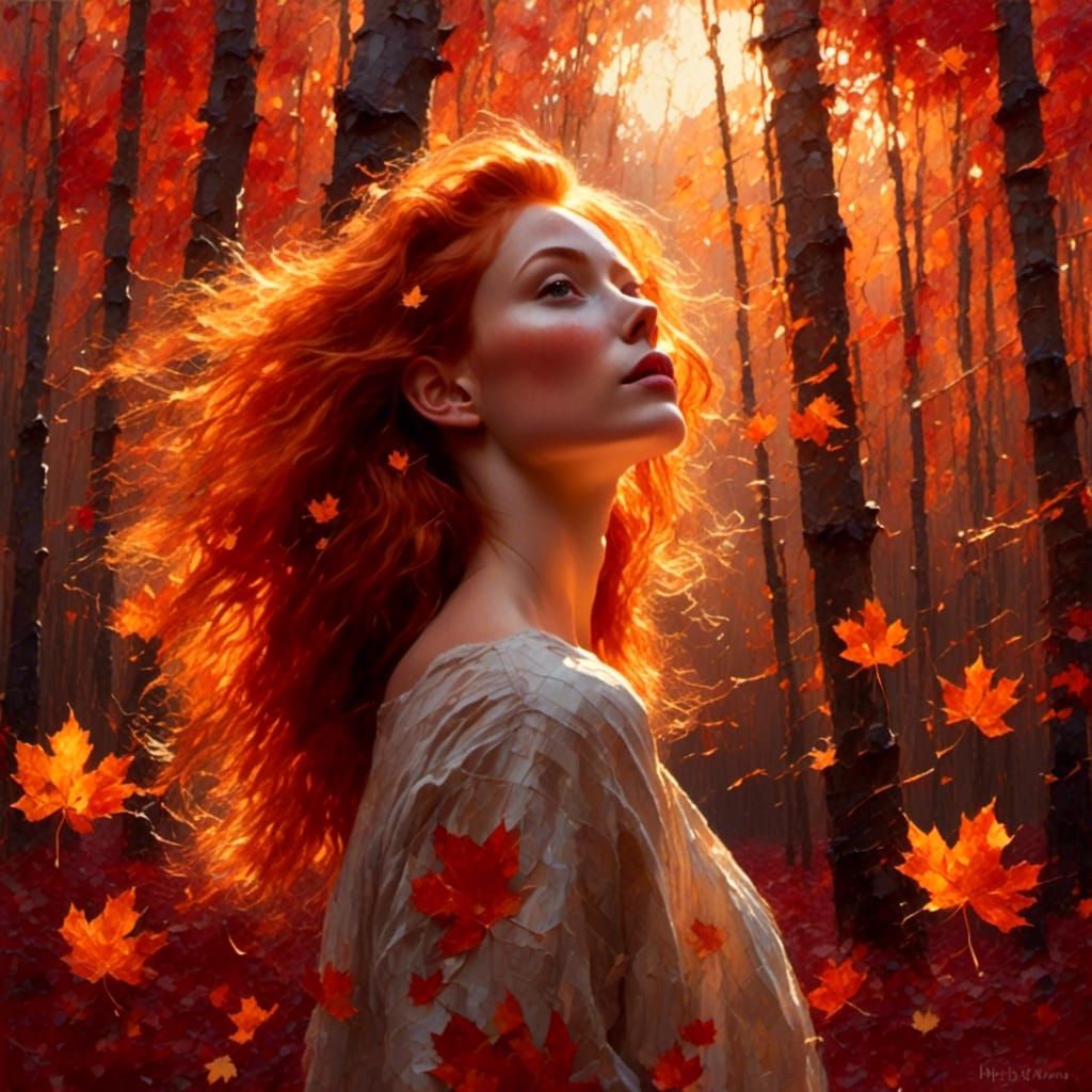 <lora:Lights Camera Action:1.0> Fine oil hyper realistic oil painting. Portrait Beautiful woman with red hair Beautiful face, autumn red map...