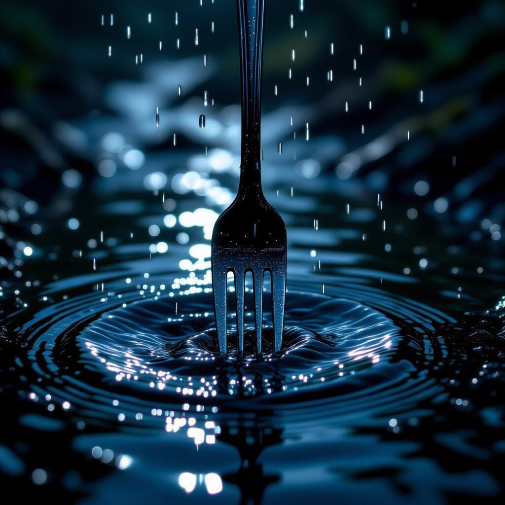 Hyperrealistic Fork Under Water Stream with Dirt