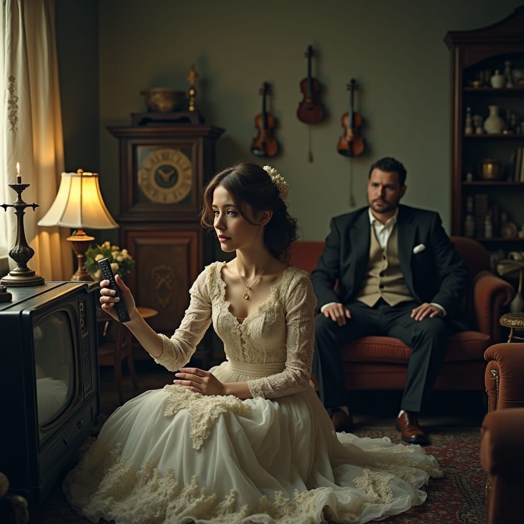 Melancholy Bride with Remote Control: Hyperrealistic Art