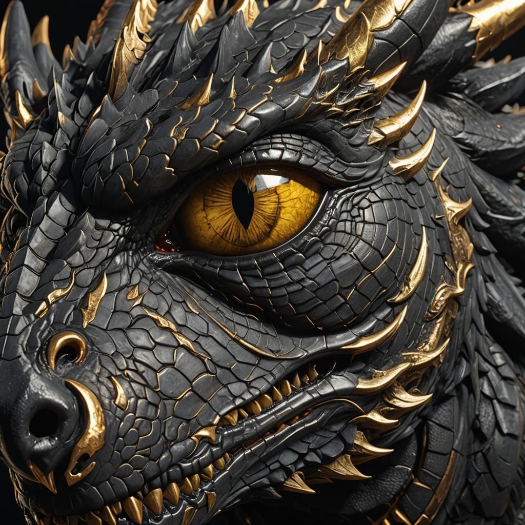 A close up view of a Large black velvet shadow dragon golden...