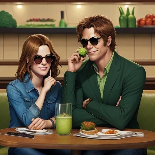 2 female green jeans models  sunglasses eat vegetables sitti...