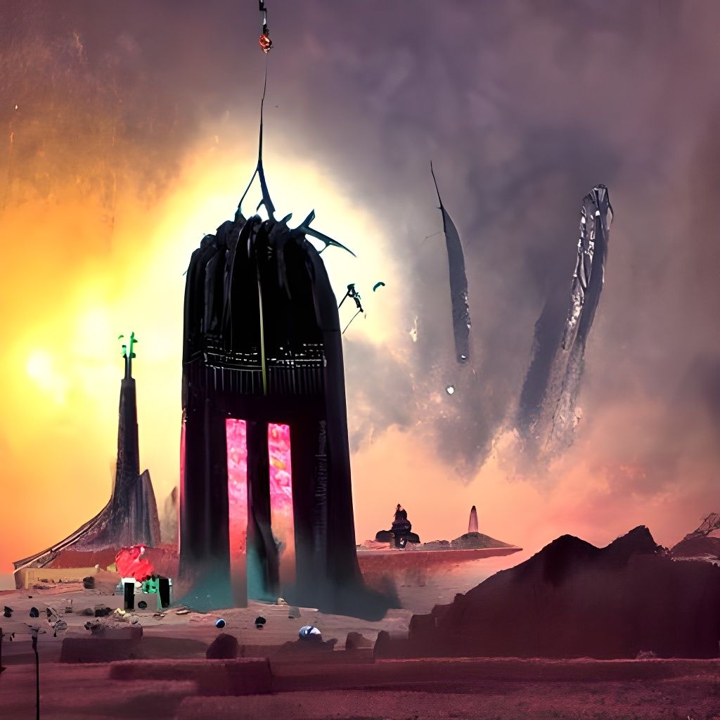The apocalyptic black monster temple is standing in the gray...