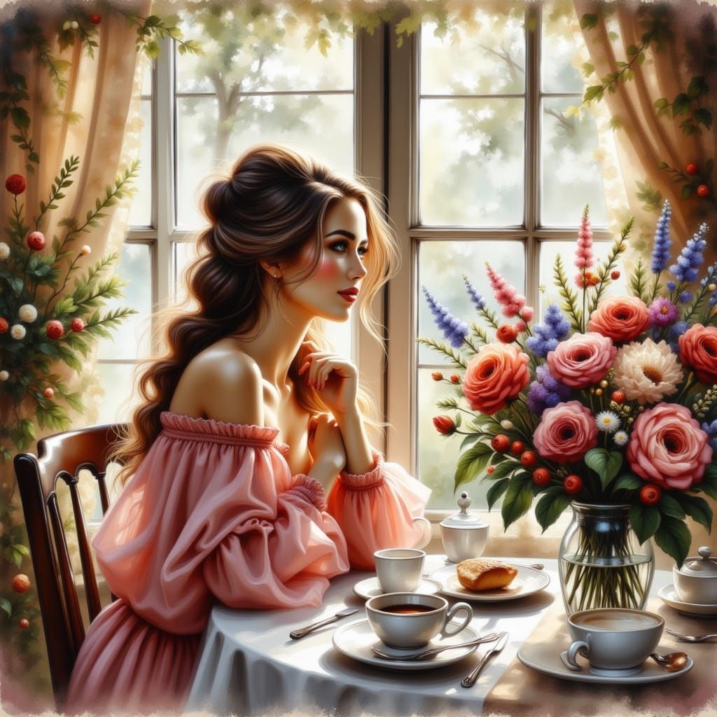 Elegant Woman with Coffee and Flowers: Impressionistic Style