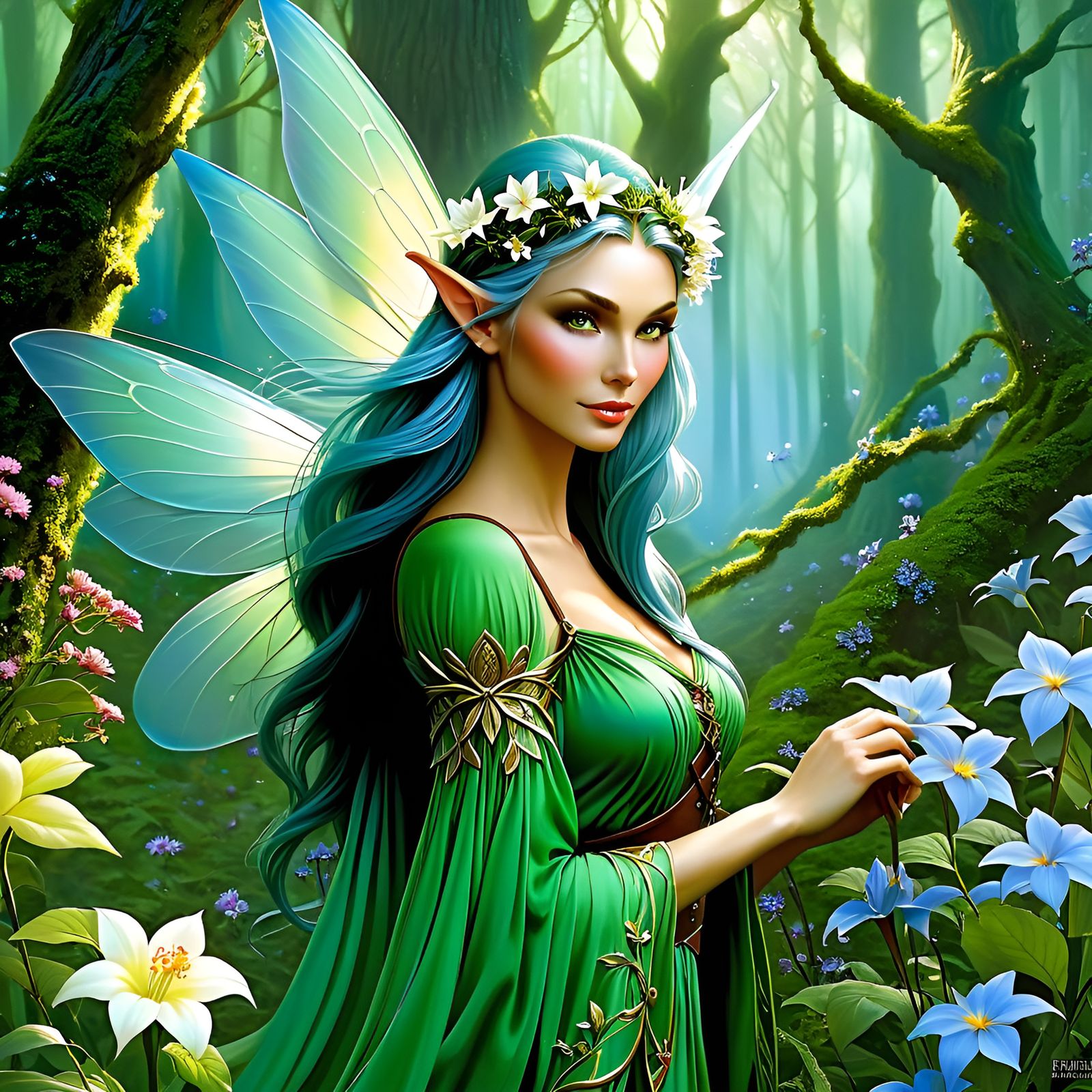 beautiful elf fairy girl, forest, flowers, fantasy, Terese Nielsen, Julie Bell  by @Brian Hall