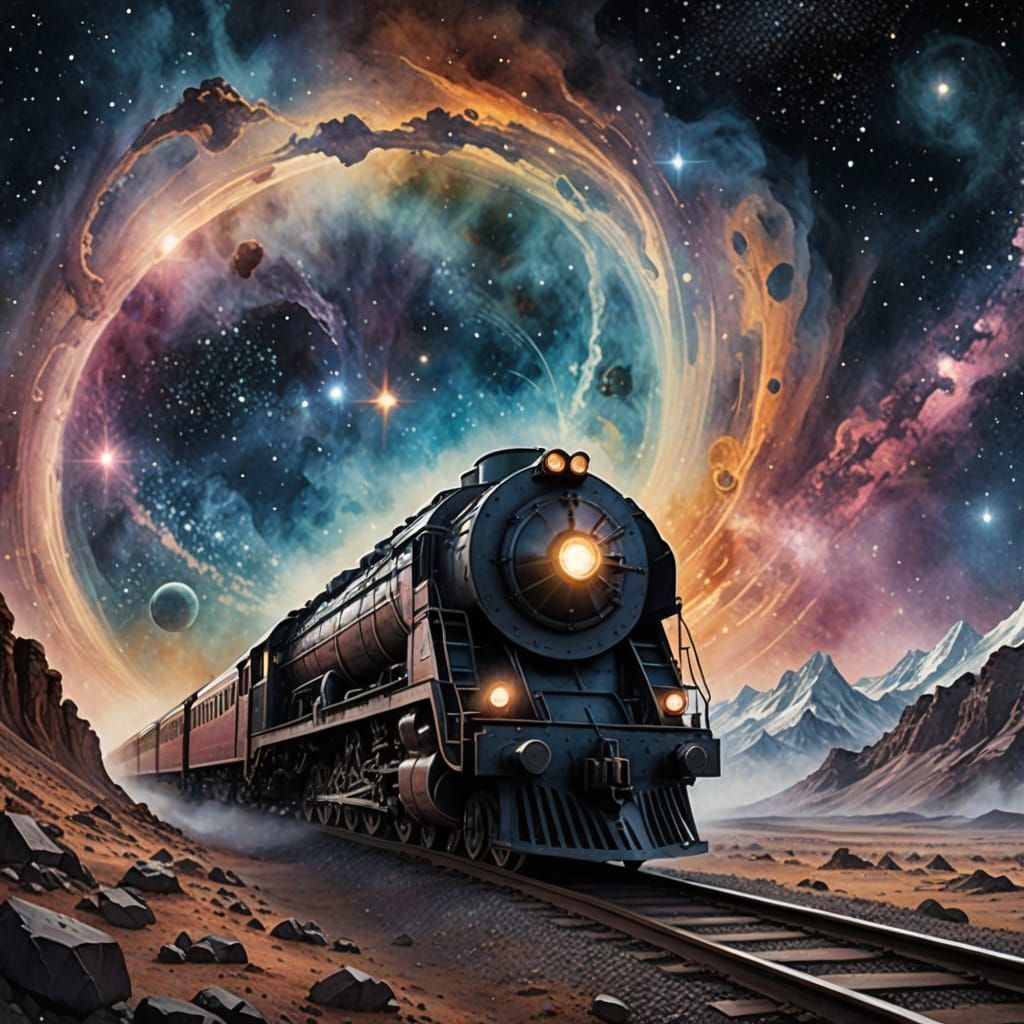 A majestic train, seemingly carved from stardust and nebulae, traverses a celestial landscape. Its carriages are filled with passengers who ...
