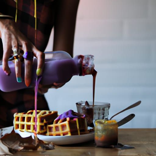 woman pouring purple syrup on a stack of waffles
