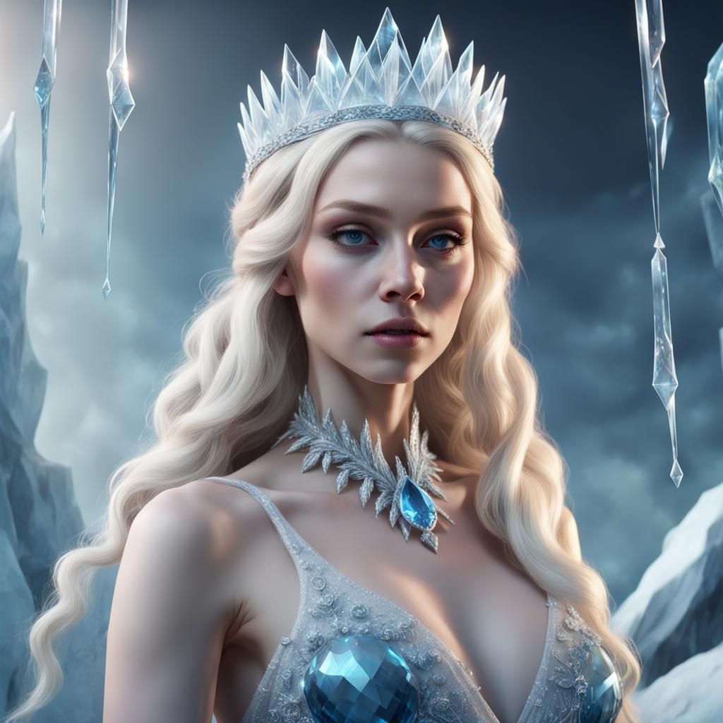 Blonde Ice Queen with Crystal Crown, Hyperrealistic Art