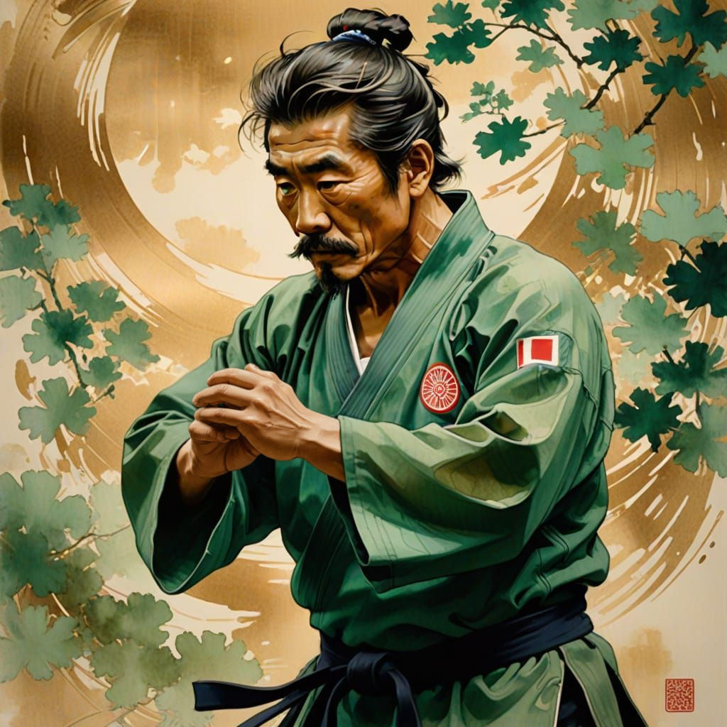 A portraited of "Ticky Donovan, OBE: My Master's sensei "  Olympic coach, for thirty years, A dynamic silhouette of a karateka bowing ...  by @Art_For_Ukraine