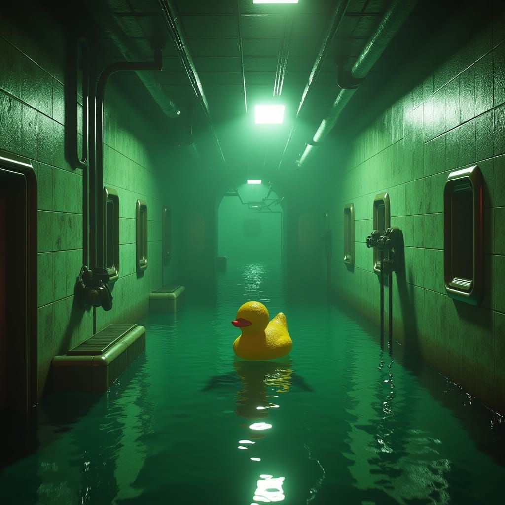 <lora:Submechanophobia v2:0.7>
Liminal 80s horror movie scene: A yellow rubber duck floating on the water in half-submerged hallway of an un...