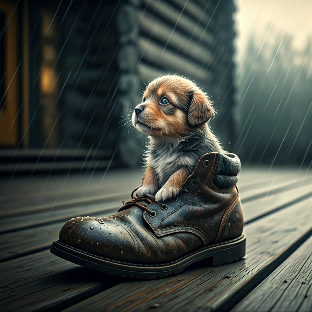 Surreal Puppy in Vintage Leather Boot on Weathered Porch