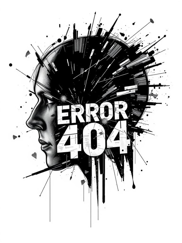 An abstract, glitch-art style portrait of a human head in black and white, composed of chaotic scratch lines, ink strokes, and fragmented di...