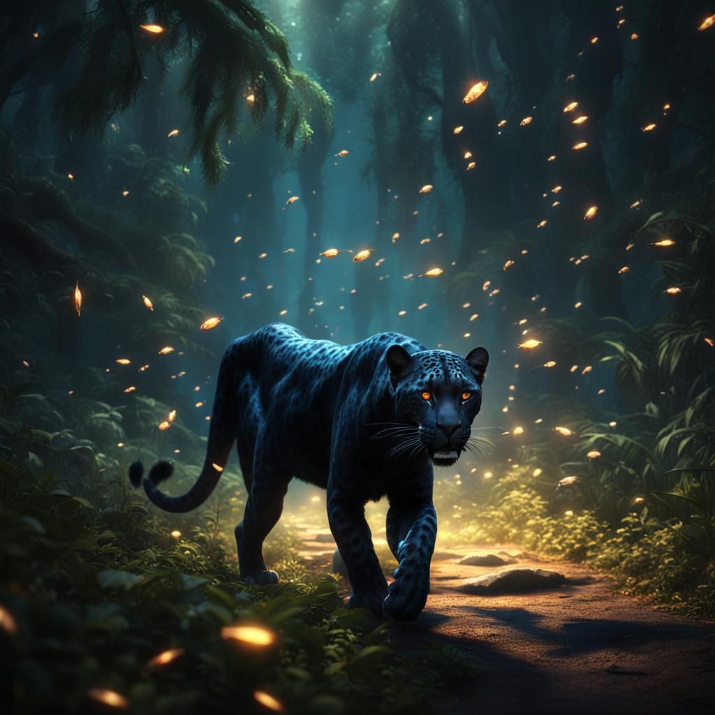 A black Leopard walking towards the camera through a very da...