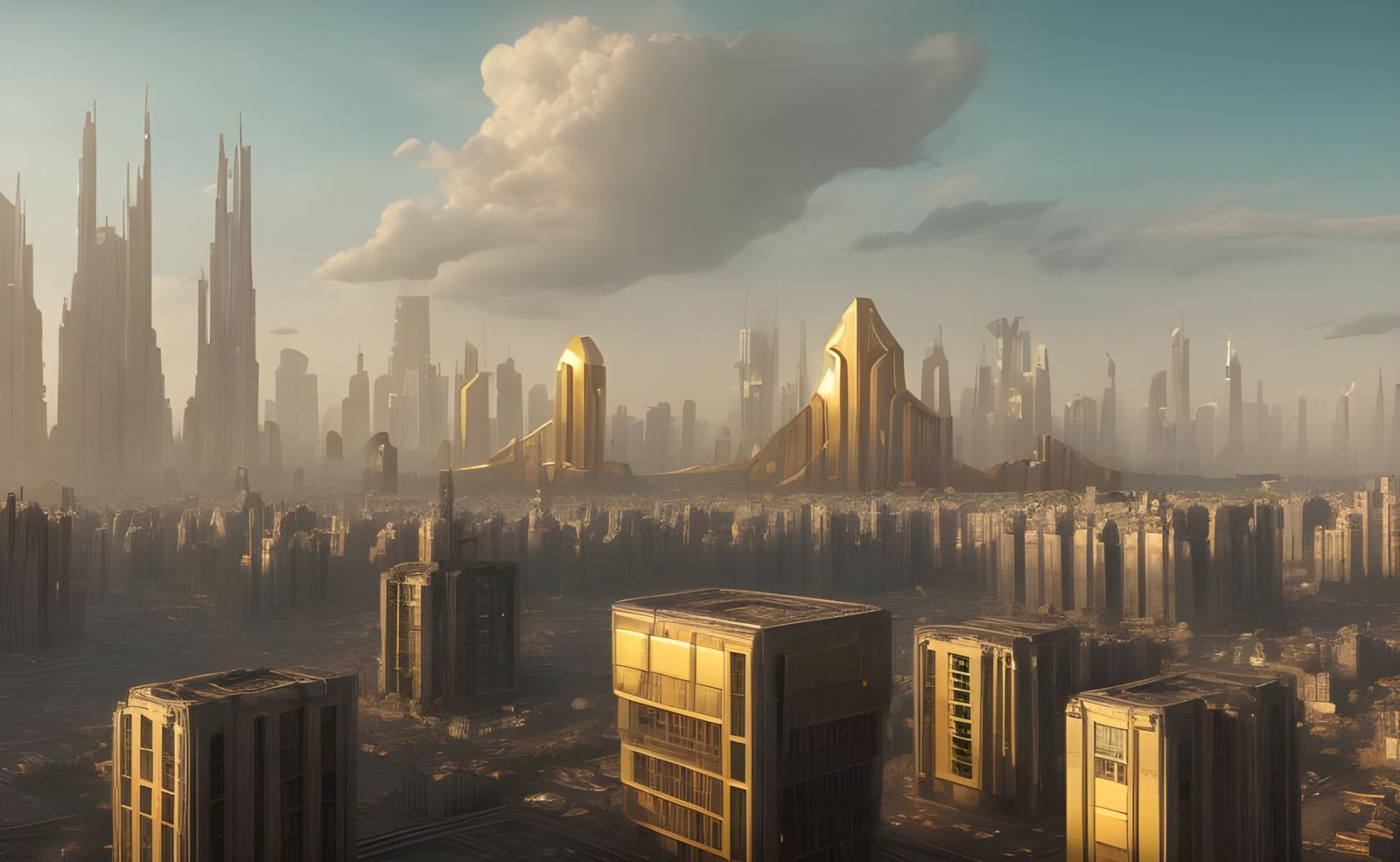 Dystopian Far Future Tech Heavy City View From Balcony With Solid Gold 