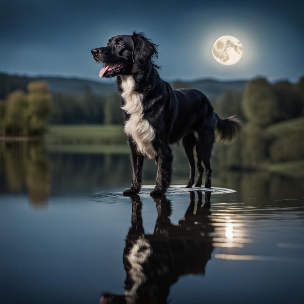A Black stabyhoun (dog). 

Stands nearby a lake. The dog is ...