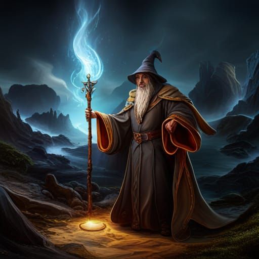 A dark wizard, staff, robes, casting a spell, 8k resolution, a ...