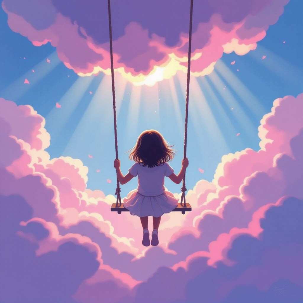 Girl on Swing in Dreamy Cloudscape