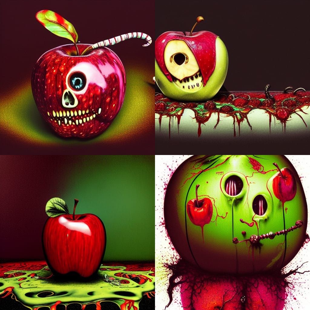 a voodoo apple with its top open and worms crawling out, sti...