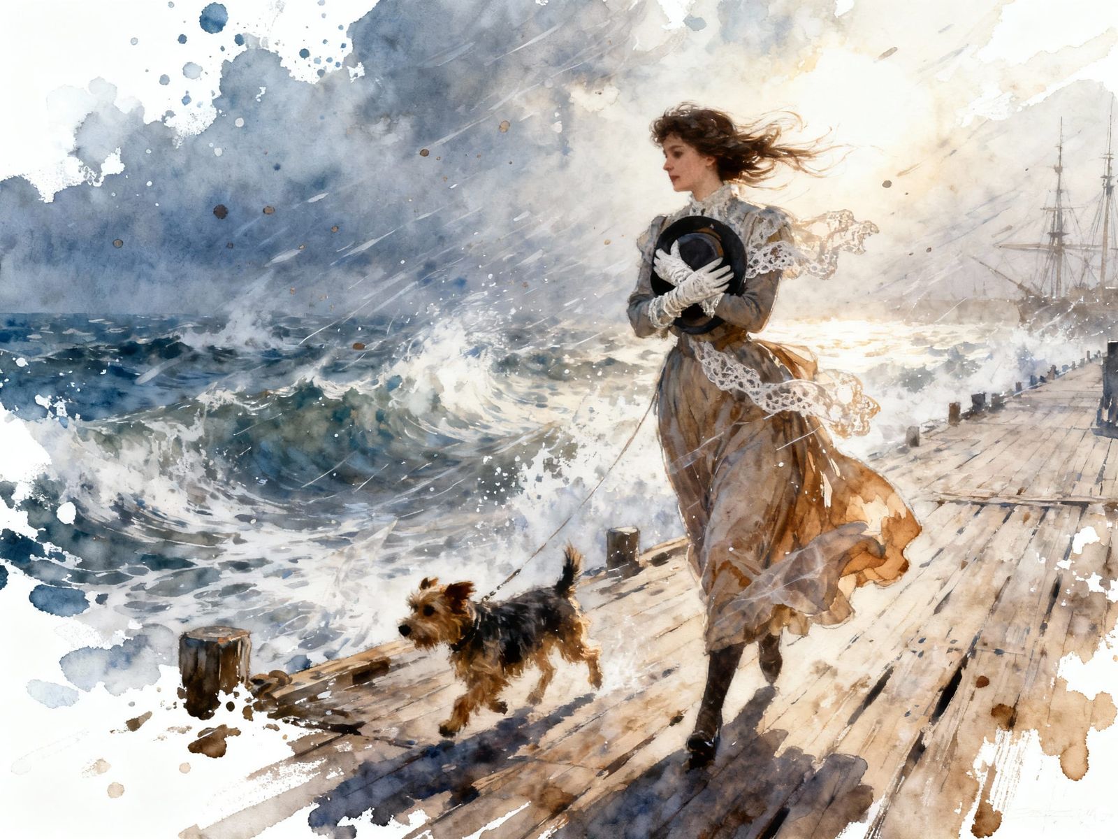 a victorian landy walking her dog on the windswept dock side holding her hat to stop it blowing away ...  by @Pinto
