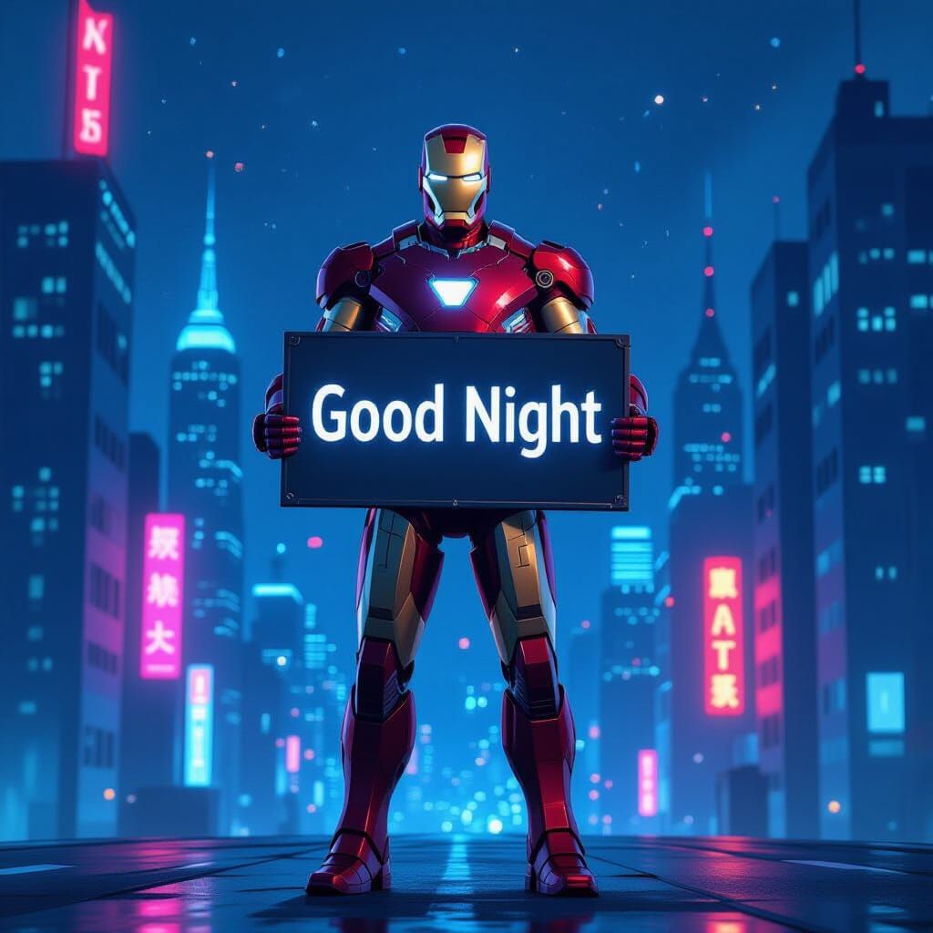 Iron Man Wishes Good Night in Neon City