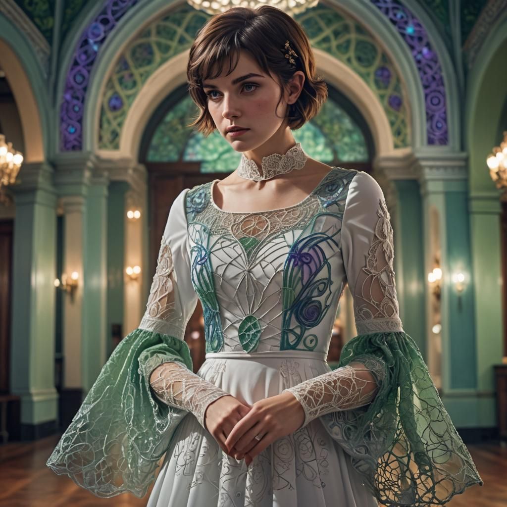 She wears a long bell sleeved white dress with a square neck...