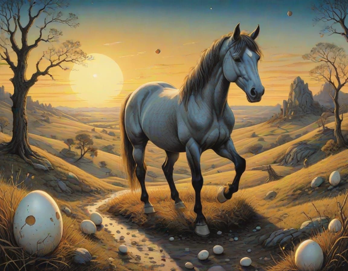 Surreal Horse Hatching in Dream Landscape, Sendak Style