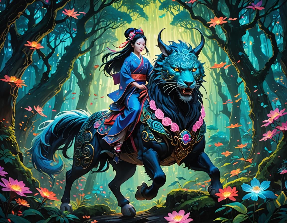 (Insanely detailed neon colored epic artwork of a geisha rides a ...