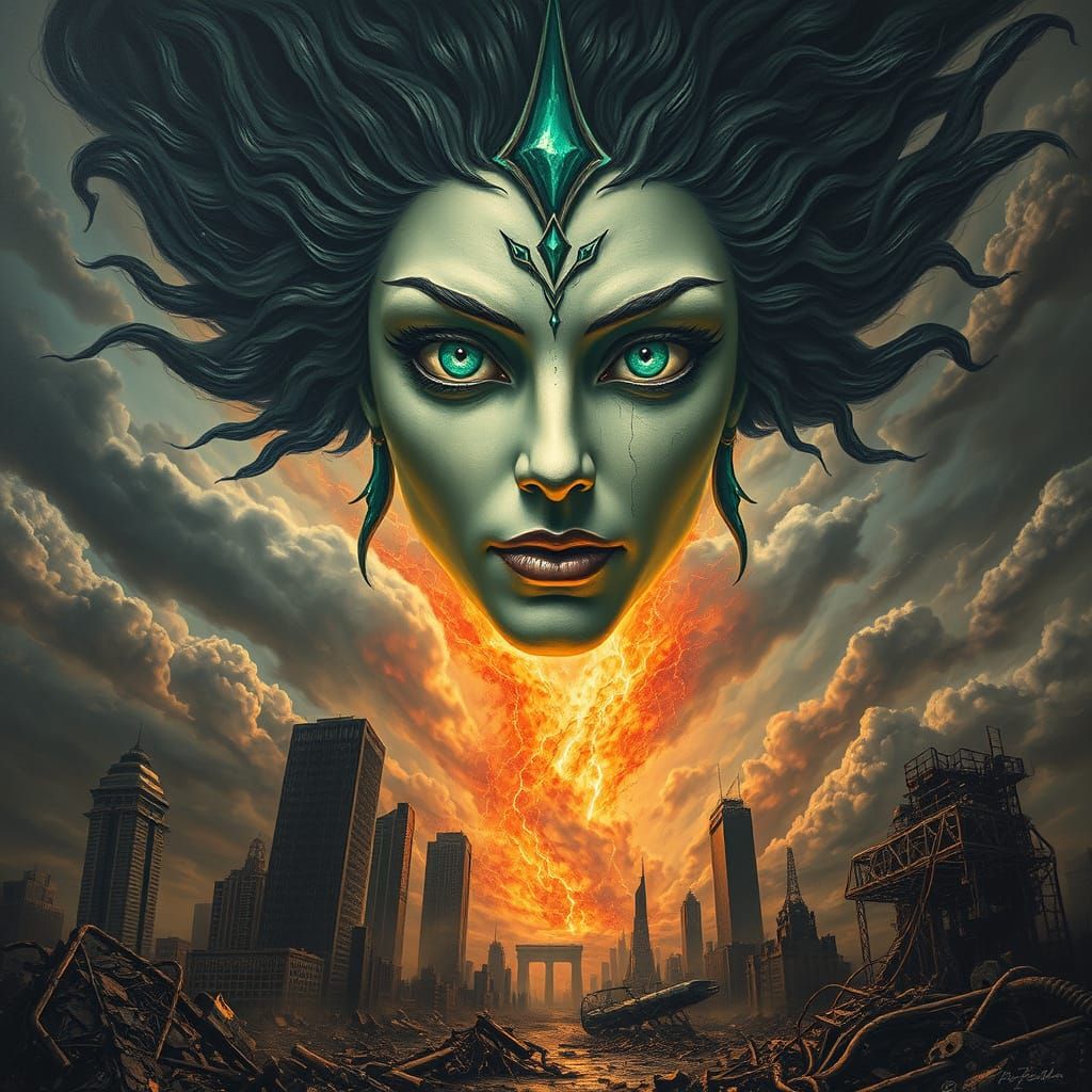 Surreal Goddess of Disaster in Apocalyptic Sky AI Art